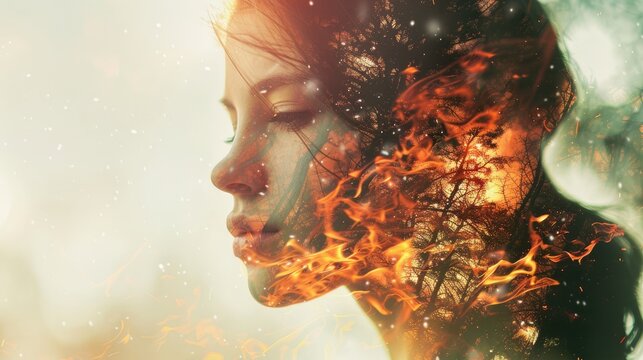 Double exposure, portrait of a young woman combined with a photograph of a bright flame of fire. An image showing energy and passion.