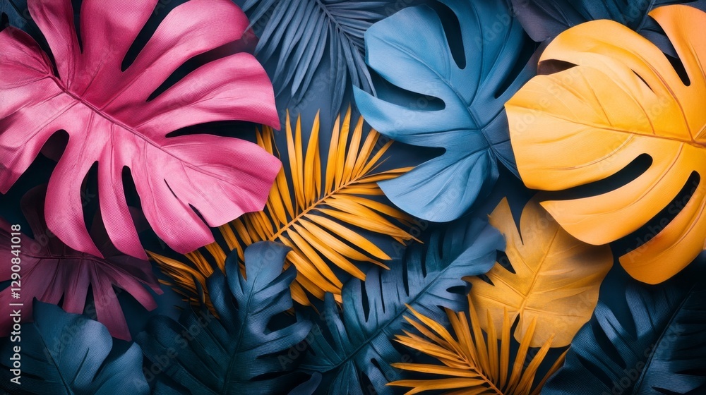 Poster intricate layers of vibrant palm leaves showcase a blend of bold colors, forming a lively abstract p