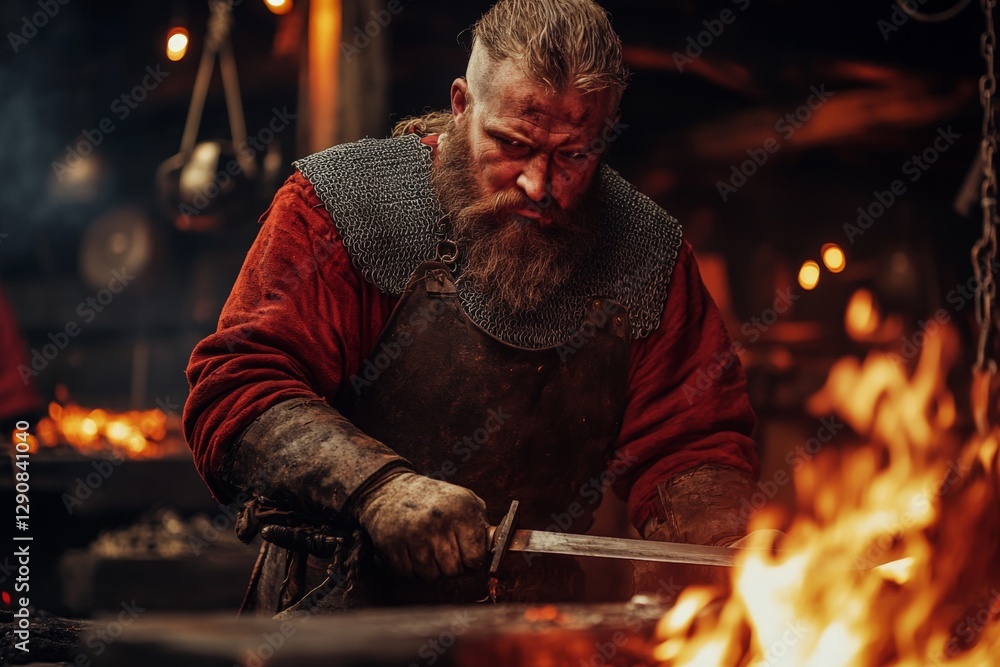 Aufkleber master blacksmith working in a traditional forge with flames illuminating the intense craftsmanship