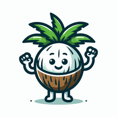 Cheerful Coconut Cartoon: A happy coconut character with green leafy crown and brown husk stands, radiating joy and playful vibes.