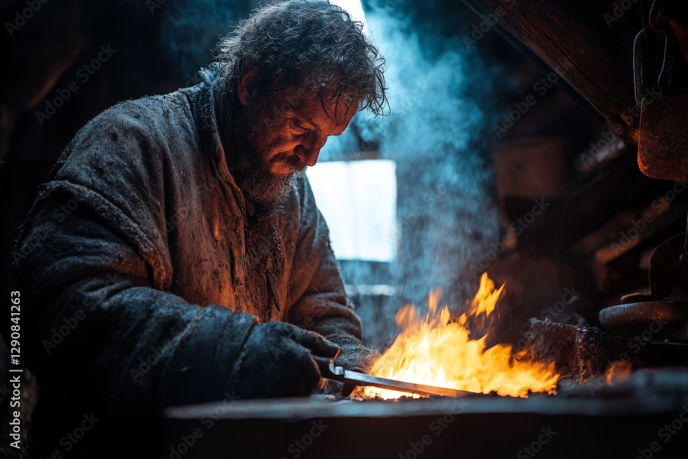 Poster blacksmith forging a blade in a rustic workshop with warm glow from the fire during the early evenin