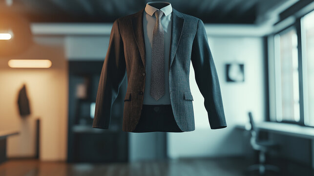 Elegante Herrenanz&uuml;ge auf unsichtbaren ohne K&ouml;rper Schneiderpuppen &ndash; Klassische Businessmode in stilvollem Ambiente. Generative AI KI