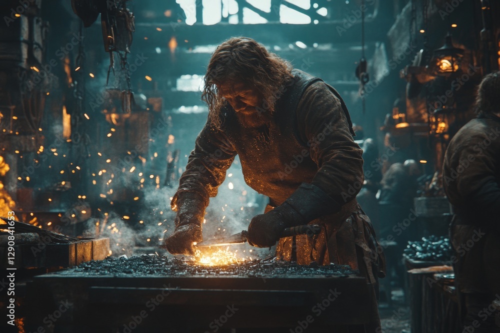 Poster blacksmith forging metal in a dimly lit workshop surrounded by tools and glowing embers