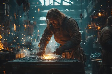 Blacksmith forging metal in a dimly lit workshop surrounded by tools and glowing embers