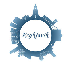 Reykjavík skyline with colorful buildings. Circular style. Stock vector illustration