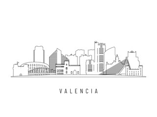 Naklejka premium Detailed Valencia skyline vector illustration. Valencia buildings in line art style, perfect for modern designs.