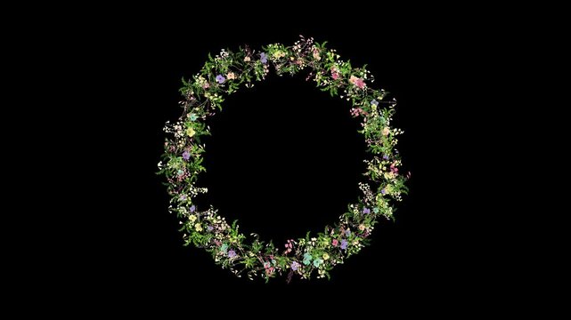 Flower crown, wild flowers growing floral wreath, rustic, circular botanical frame animation isolated on black background with alpha matte.