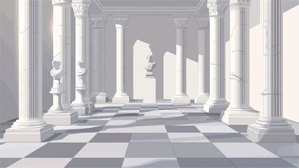 The image is a 3D rendering depicting a colonnade with numerous white columns arranged in perspective. The floor is a large-scale black and white checkered pattern.  Statues or sculptures are