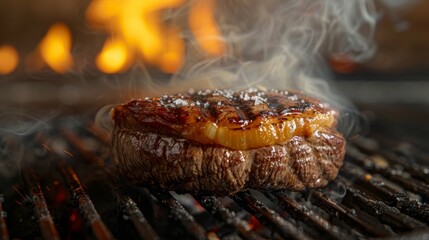 A juicy steak sizzles on the grill, producing smoke and displaying rich sear marks under the intense heat of flames, creating a mouthwatering culinary experience.