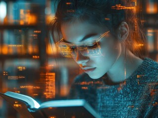 A student reading a digital book with holographic pages in a virtual library, glowing bookshelves behind them, Sci-Fi, Digital Art, Warm lighting