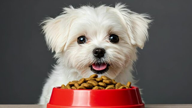 A small, fluffy dog eating from a red bowl of kibble