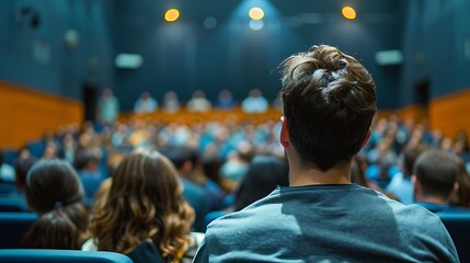 Man Watching Movie in Theater Audience with Blurred Background