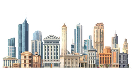 Fototapeta premium A digitally rendered illustration depicting a panoramic view of a city skyline. The image features a variety of architectural styles, including modern skyscrapers and classical buildings. The