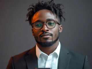 Fototapeta premium Young man in suit with glasses poses confidently indoors