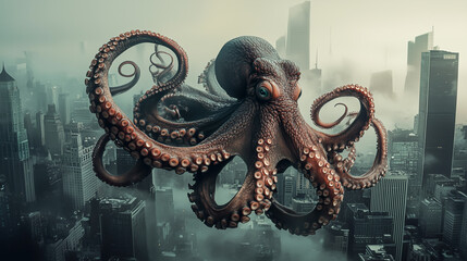 Obraz premium Giant Octopus over Metropolis: A colossal cephalopod looms above a dense city in this surreal and fantastical depiction.
