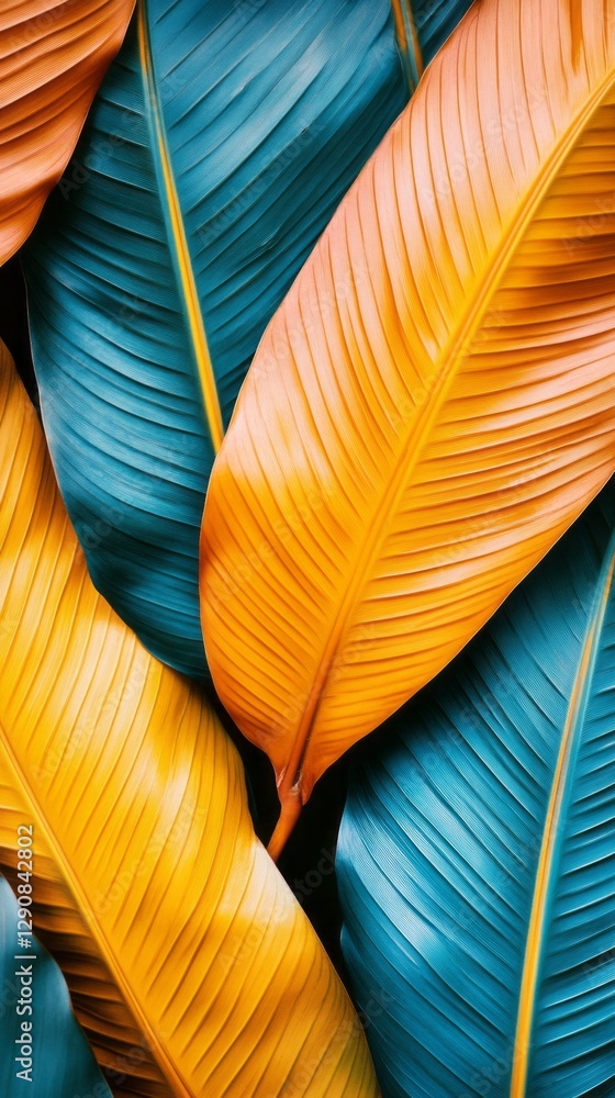 Poster swirling patterns of blue and orange palm leaves blend harmoniously, evoking a lively and dynamic en
