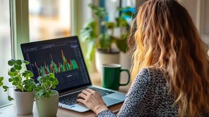 Businesswoman checking market trends with green coffee mug beside her, shamrock plant, and laptop
