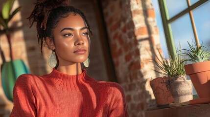 Young african female in red sweater near window with potted plants