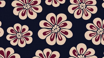 Fototapeta premium Seamless Floral Pattern Elegant Beige and Burgundy Flowers on Dark Blue Background