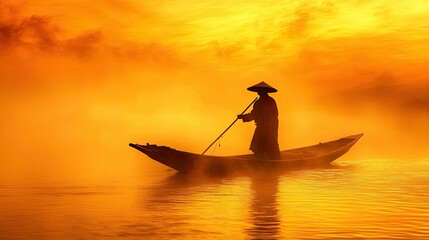 Fototapeta premium Sunrise Fisherman on Misty River