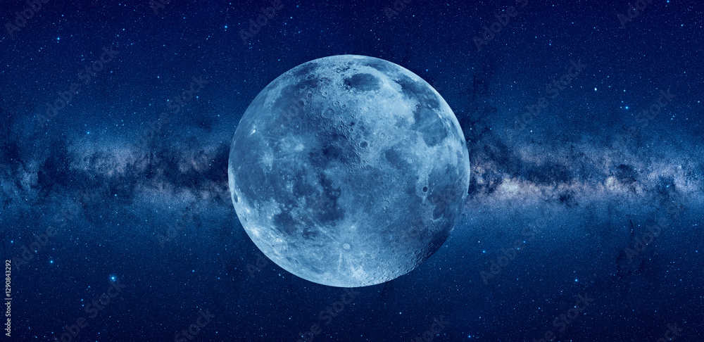 Wall mural amazing blue full moon, milky way galaxy in the background 