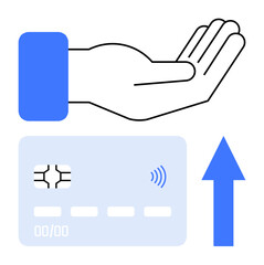Open hand near contactless credit card and arrow, illustrating digital transactions and financial progress. Ideal for fintech, payment solutions, e-commerce, banking trends, cashless society