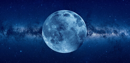 Amazing blue full moon, Milky Way galaxy in the background 