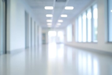 Obraz premium Blurred background of a corridor in hospital or clinic. Concept for hospital or medicine advertisement. Nation Doctor’s Day