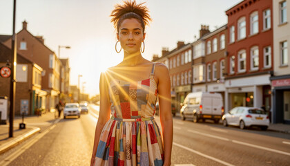 Woman in a colorful patchwork dress walking at sunset. Minimalist wardrobe , Second-hand clothing, Eco-friendly clothing