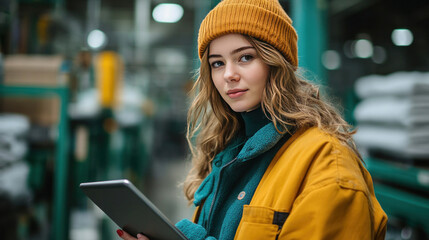 Factory supervisor using a tablet to oversee production lines, ensuring smooth workflow execution