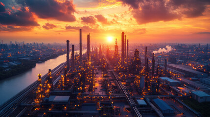 Fototapeta premium Heavy industrial area, showcasing steel mills, massive cranes, and transportation networks under golden-hour lighting