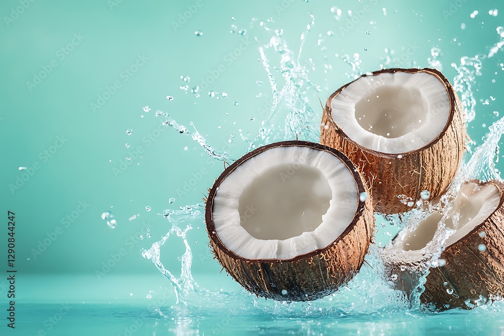 Poster Fresh Coconut Slices in Water Splash - A Tropical Delight