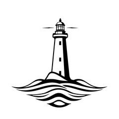 Lighthouse Beacon: Black and white illustration of a lighthouse with stylized waves, situated on a hill.