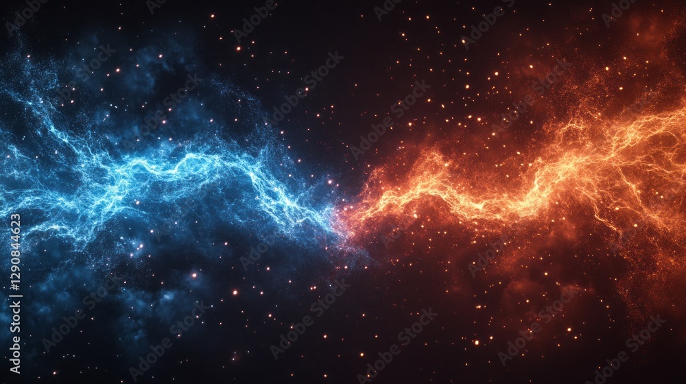 Poster vivid colors ignite the void as electric blue and fiery orange intertwine in a dynamic spiral, repre