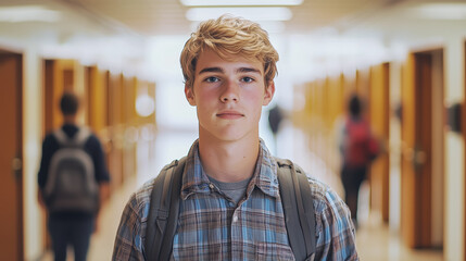 Student in school hallway. Young man with backpack stands in focus.  Warm lighting in interior corridor.  