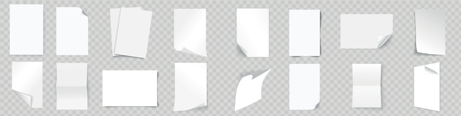 Blank A4 sheet of white paper with curled corner with shadow, empty paper sheet curled corner. Template for your design, blank white paper opened. Set. Front view. Vector illustration