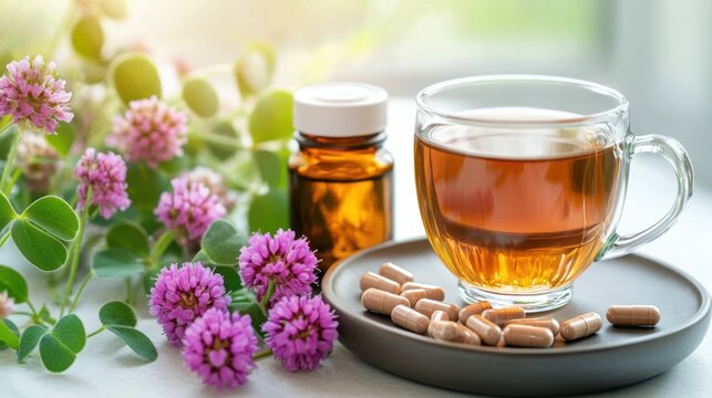 Cup of tea with red clover flowers, and bottle of supplements. Early Menopause Prevention for Women. Restore Balance, Support Hormones with Nutrition, Wellness, Smart Lifestyle Choices