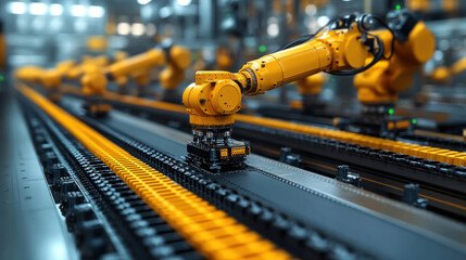 Modern factory production line, with robotic arms assembling electronic devices