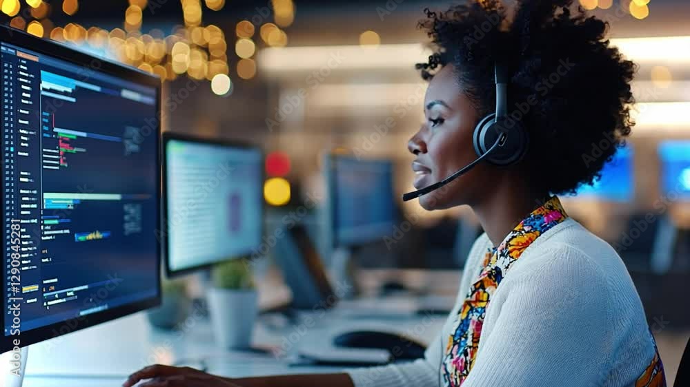 Poster professional woman using a headset while analyzing data on a computer in a modern office environment