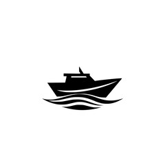 Black silhouette of a boat floating on waves, set against a bright white background, minimalist style.