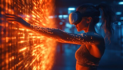 A virtual reality fitness session with a futuristic gym background, holographic instructions guiding the user s movements, Sci-Fi, Digital Art, Cool tones