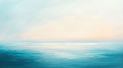 Obraz premium Ocean horizon with soft blue and pastel tones, calm water surface reflecting sunlight, serene seascape, peaceful nature background, tranquil sky at sunset.