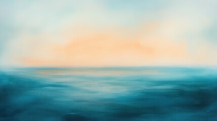 Obraz premium Ocean horizon at sunset, abstract seascape with soothing blue and orange tones, tranquil water surface, peaceful nature background, minimalist wall art.