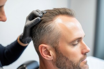 Obraz premium Regrowth treatment for hair loss Man getting a haircut with a focused expression in a modern salon.