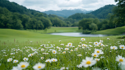 Daisies in field, lake & mountains view.  Peaceful nature scene, ideal for travel brochures