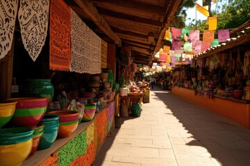 Vibrant marketplace filled with colorful pottery and festive dec