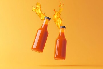 Orange Hot Sauce Bottles in Mid-Air