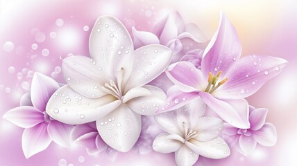  
Soft pastel floral illustration with white and pink lilies and water droplets, representing elegance and spring freshness with copy space  

