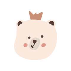 Cute beige bear face illustration with crown cartoon nursery animal design vector illustration