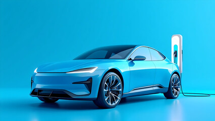 Fototapeta premium Futuristic blue electric car charging, symbolizing sustainable energy innovation